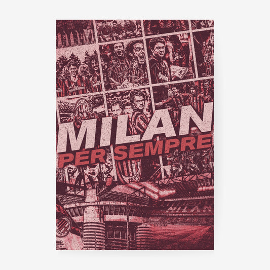 AC Milan football poster collage featuring iconic players, club history and San Siro stadium