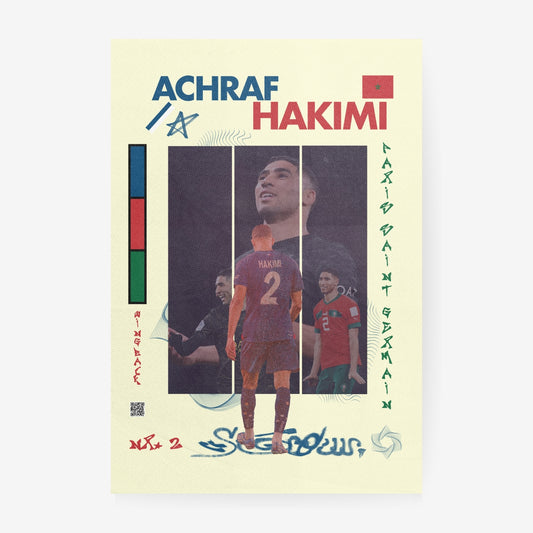 Achraf Hakimi football poster featuring Morocco and Paris inspired design
