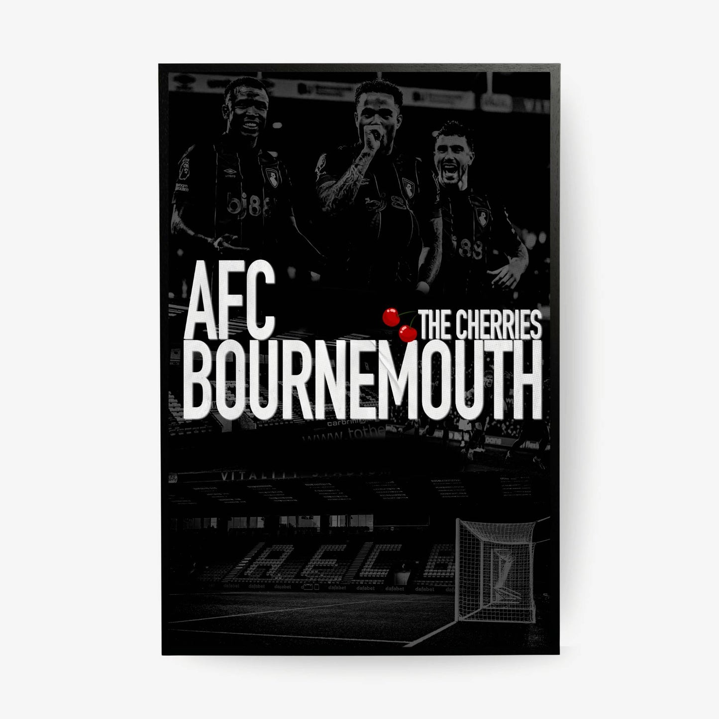 AFC Bournemouth wall art featuring players celebrating with bold text overlay
