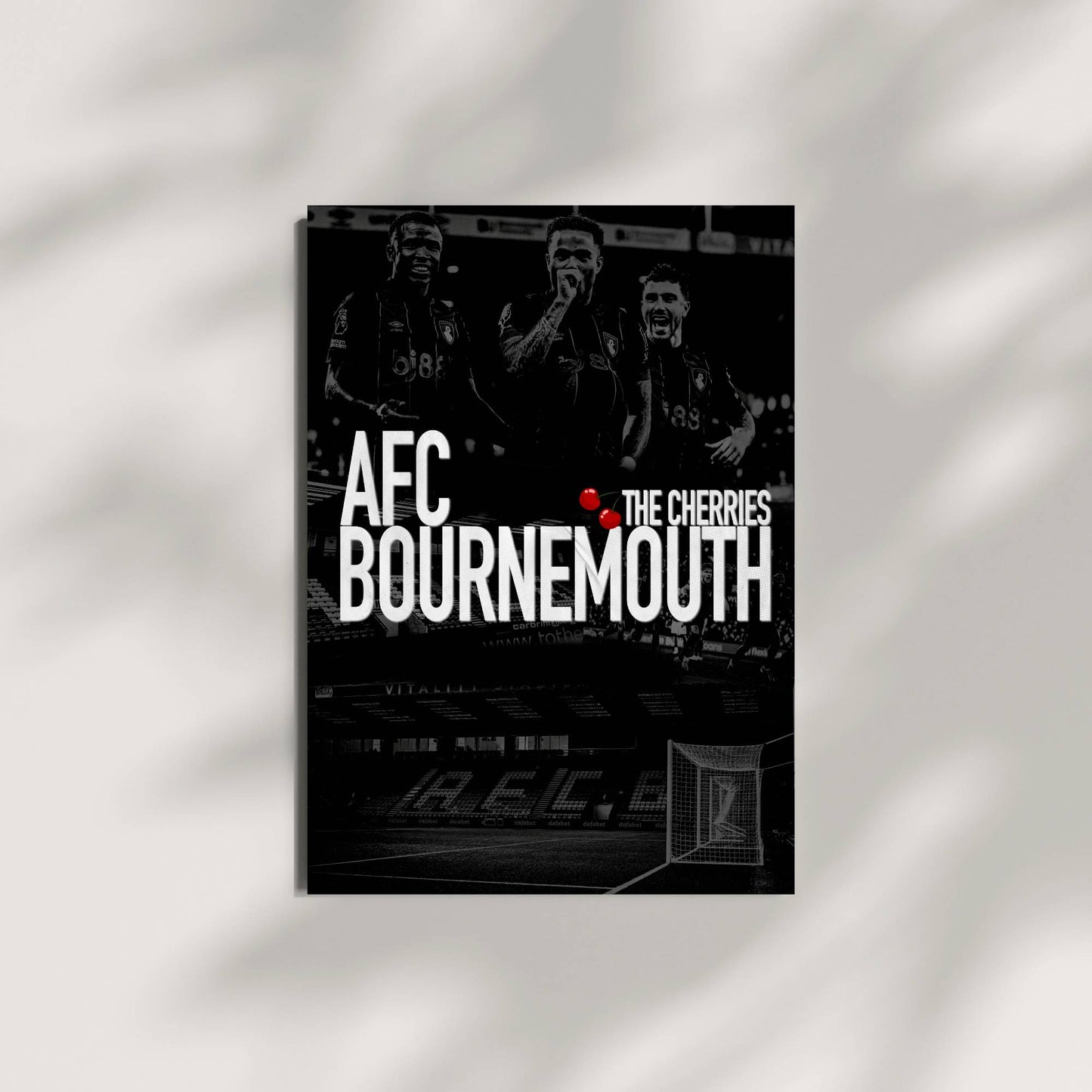 Minimalist AFC Bournemouth wall art with dark tones and team stadium background.