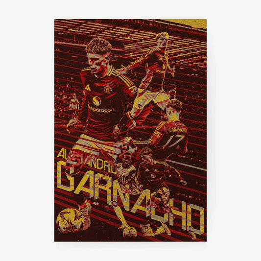 Minimalist Alejandro Garnacho Manchester United football poster in red and gold tones with layered match photography.