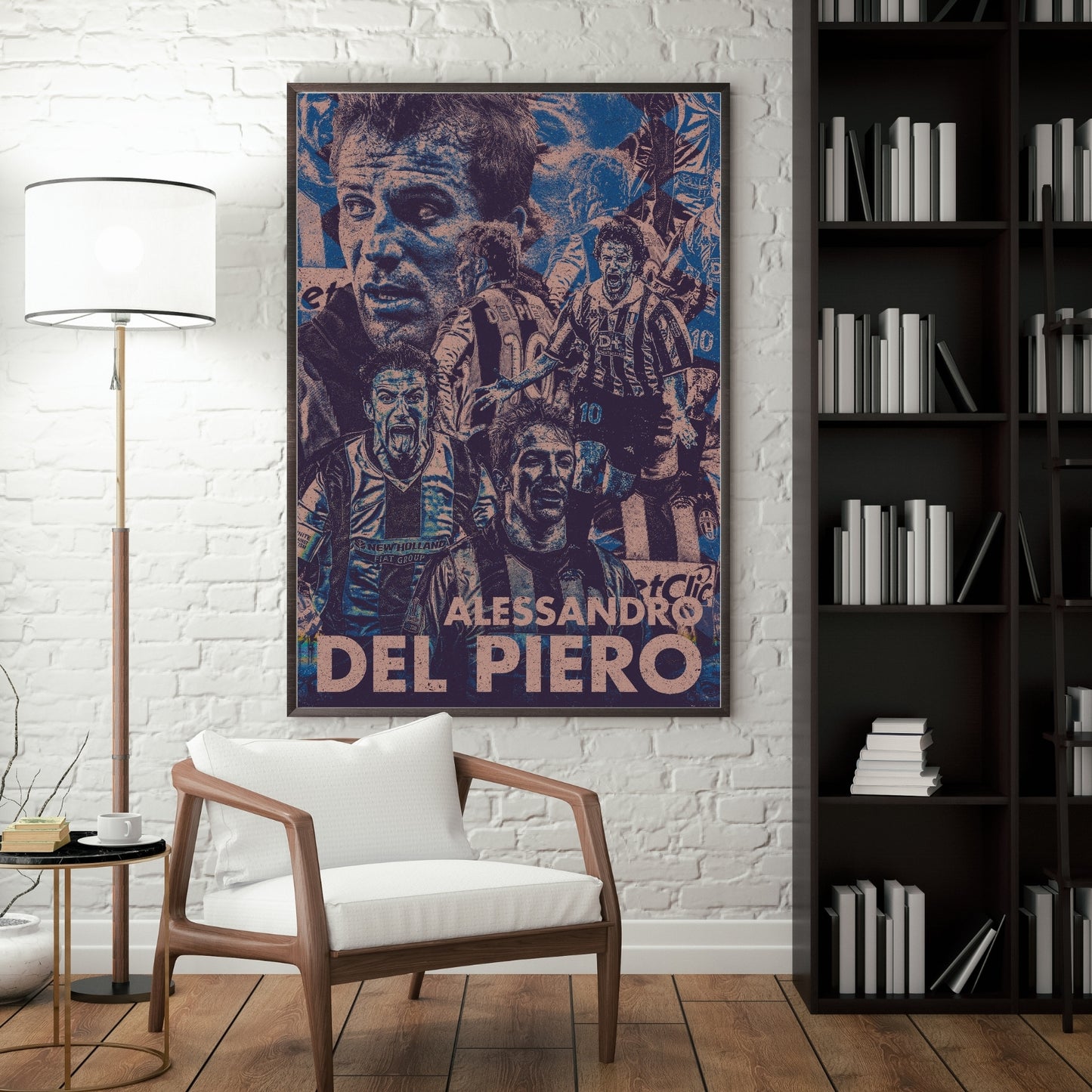 Alessandro Del Piero Juventus football poster displayed in a modern interior with vintage blue football artwork