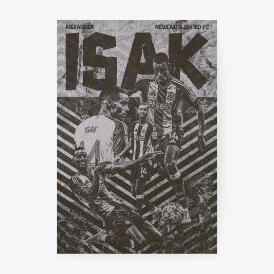 Minimalist wall art of Alexander Isak for Newcastle United fans, showing multiple grayscale poses with a textured background.
