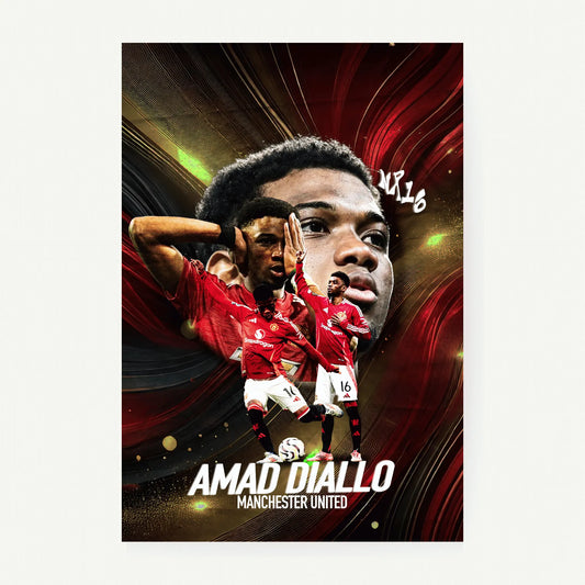 Football art of Amad Diallo in red Manchester United jersey.