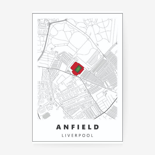 Anfield Liverpool stadium map poster featuring a minimalist city street map with the iconic football stadium highlighted in red