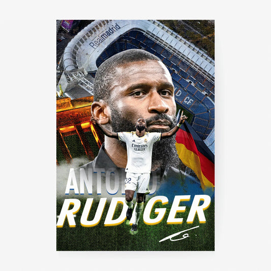 Full poster of Antonio Rüdiger with large facial close-up, stadium background, German flag, and Rüdiger in a Real Madrid kit celebrating.