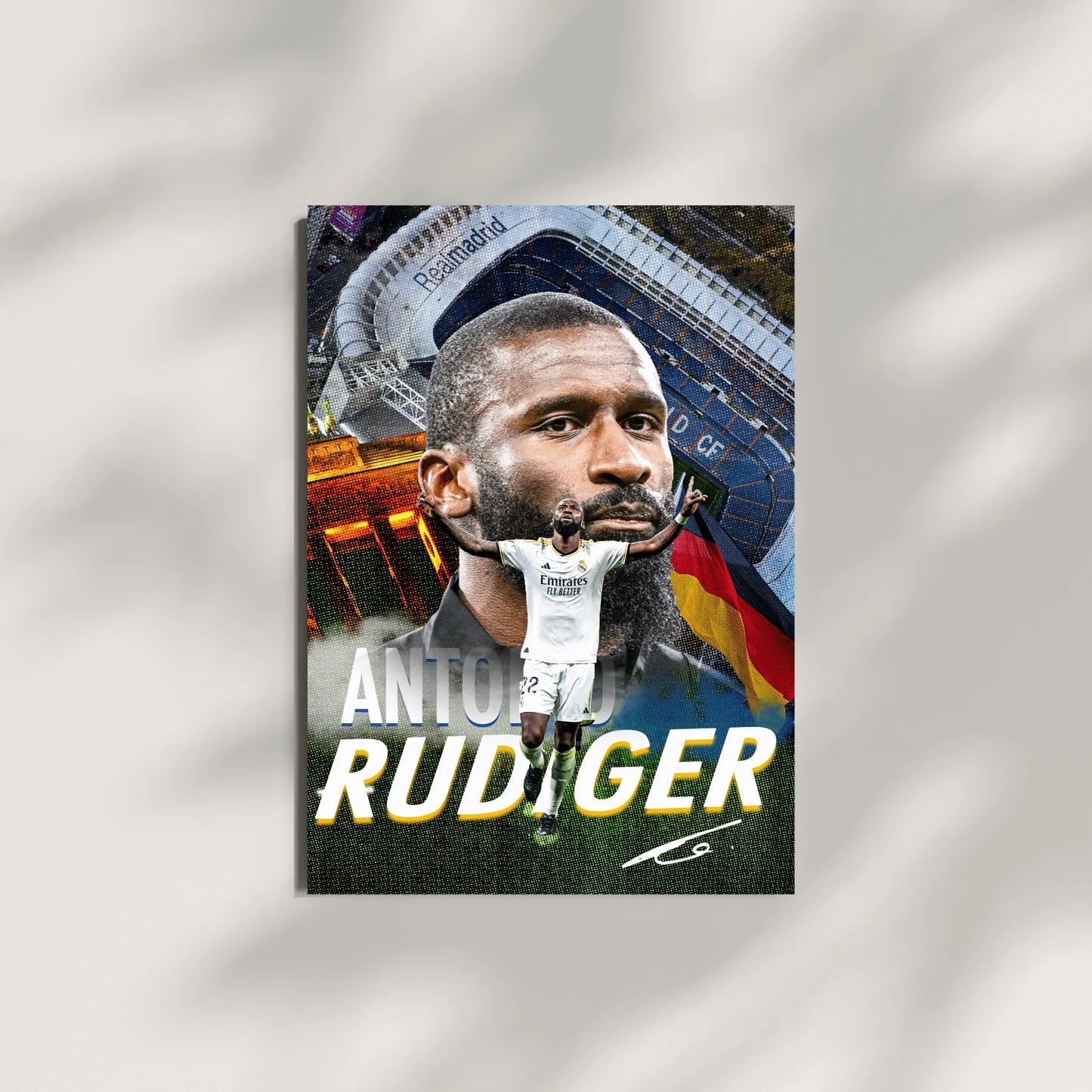 Stylized Antonio Rüdiger poster mockup placed on a light background with soft shadow overlay