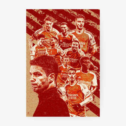 Arsenal team poster featuring Mikel Arteta and Arsenal players in a red and cream football collage