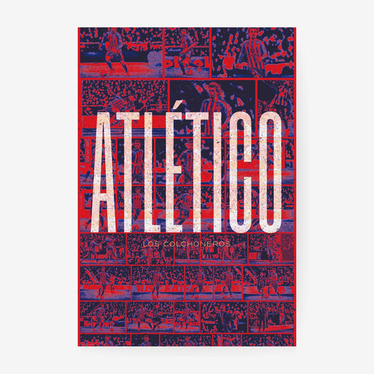 Atlético Madrid football poster featuring iconic players and memorable club moments in red and blue