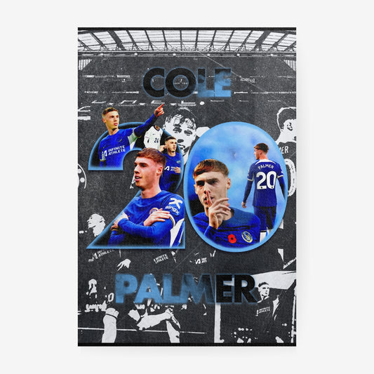 Cole Palmer poster featuring a blue and gold Chelsea football collage