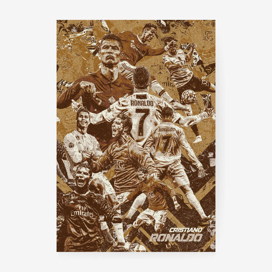 Cristiano Ronaldo football poster featuring iconic moments from his Manchester United, Real Madrid and Juventus career in a vintage collage design