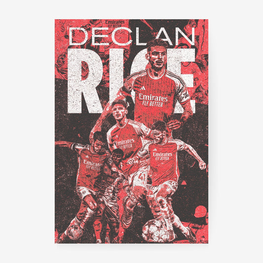 Declan Rice Arsenal poster featuring the midfielder in a red and black retro-style football collage