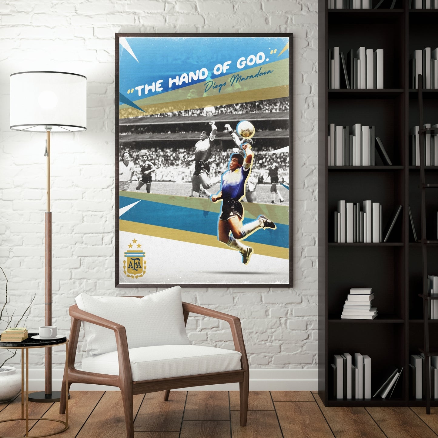 Diego Maradona Hand of God football poster displayed in a modern interior featuring the iconic Argentina World Cup moment