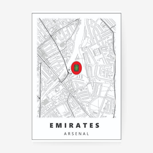 Emirates Stadium Arsenal map poster featuring a minimalist London street map and the iconic Arsenal stadium
