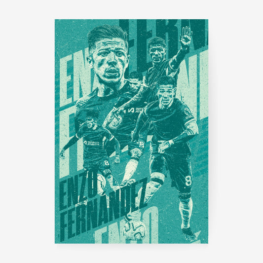 Enzo Fernandez Chelsea poster featuring the Argentine midfielder in a turquoise retro-style football collage