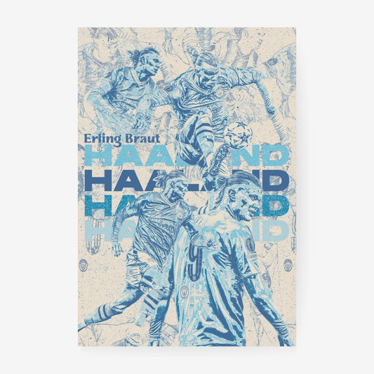 Erling Haaland Manchester City poster featuring the Norwegian striker in a blue vintage-style football collage