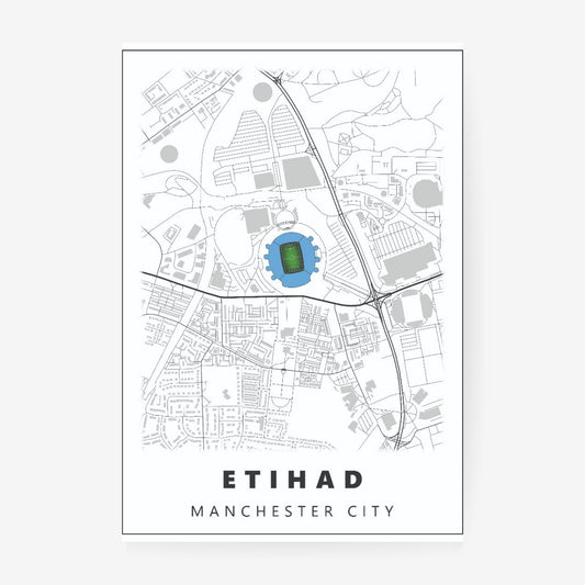 Etihad Manchester City stadium map poster featuring a minimalist city street map with the iconic football stadium highlighted in blue