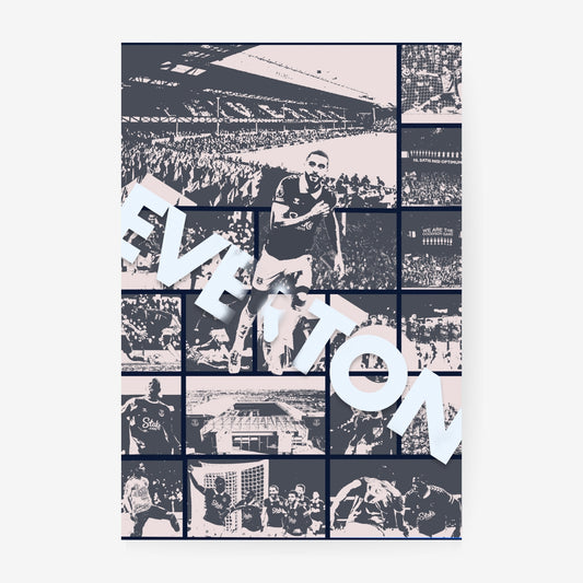 Everton poster featuring a football player, Goodison Park and historic club imagery