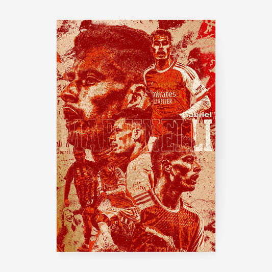 Gabriel Martinelli Arsenal poster featuring a red and cream vintage football collage