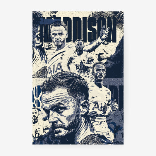 James Maddison Tottenham poster featuring multiple football moments in a navy and cream collage