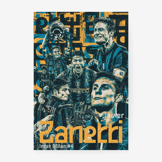 Javier Zanetti Inter Milan football poster featuring iconic career moments in a distressed blue and gold collage design