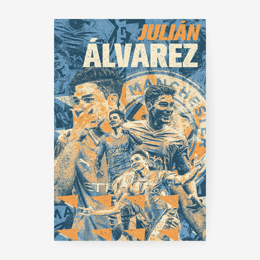 Julián Álvarez Manchester City poster featuring the Argentine forward in a blue and orange graphic collage
