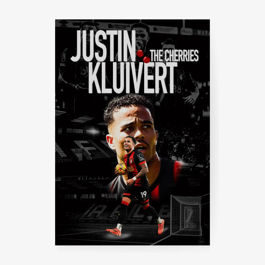 Poster of a soccer player with text 'Justin Kluivert The Cherries' on a dark background
