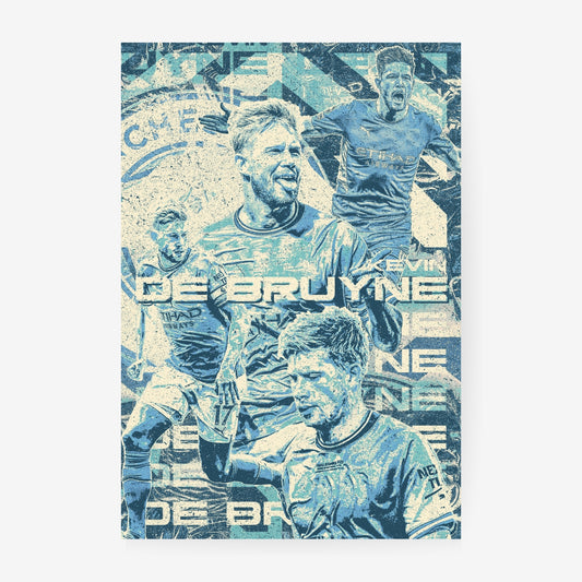 Kevin De Bruyne Manchester City poster featuring the midfielder in a blue retro-style football collage