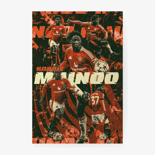 Kobbie Mainoo football poster in vintage red and green design, showing dynamic plays in a collage format.