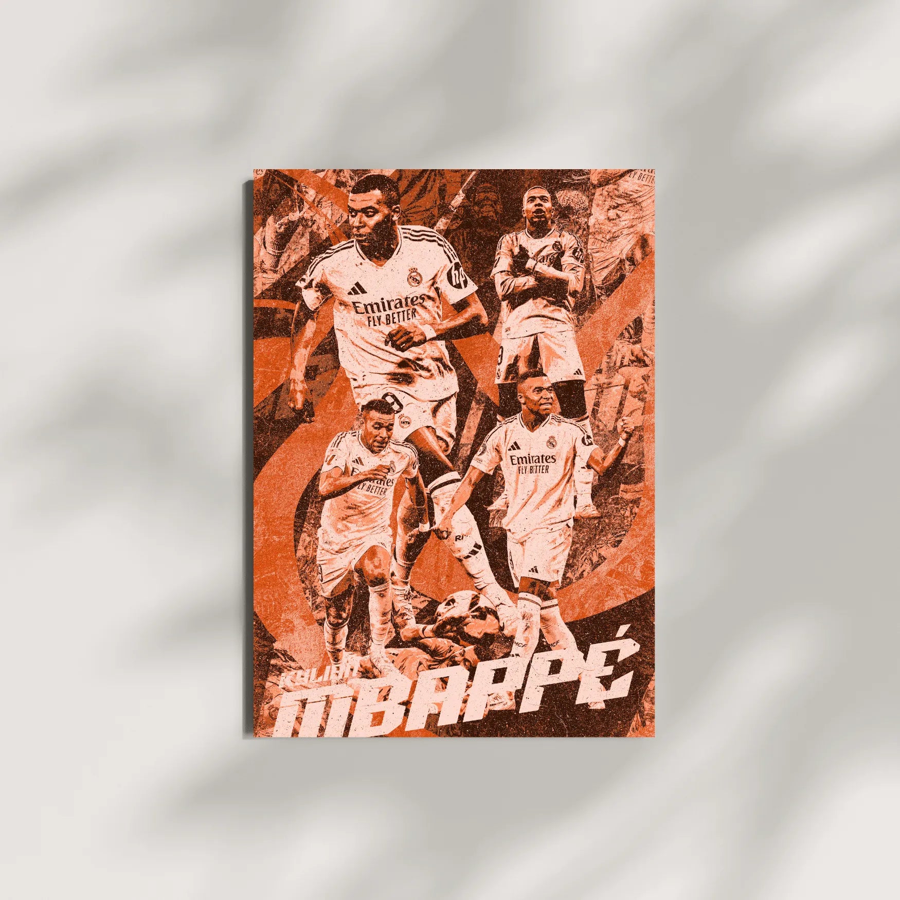 Football art poster of Kylian Mbappé celebrating in Real Madrid jersey with abstract design.