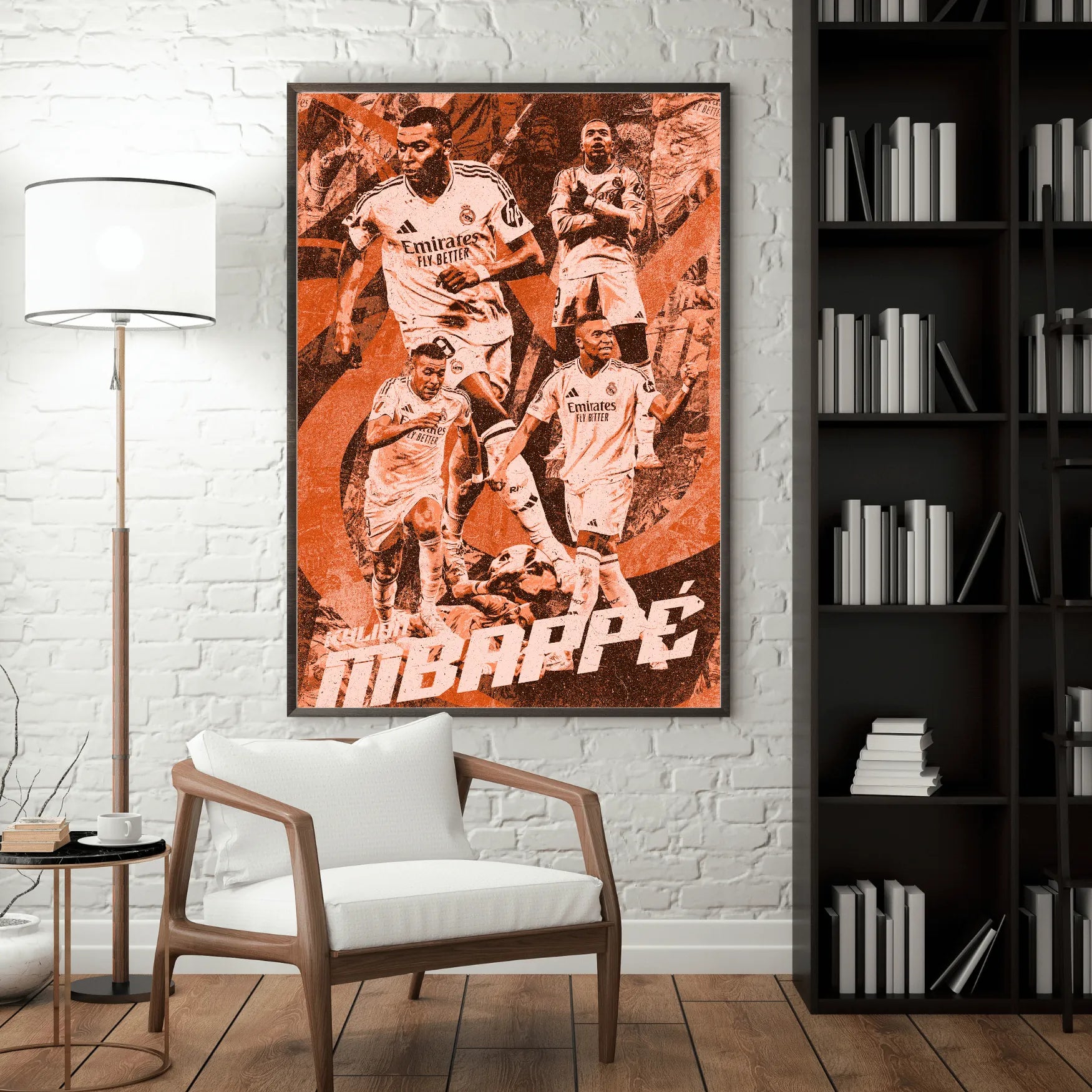 Framed Kylian Mbappé football wall art displayed in a modern living room setting.