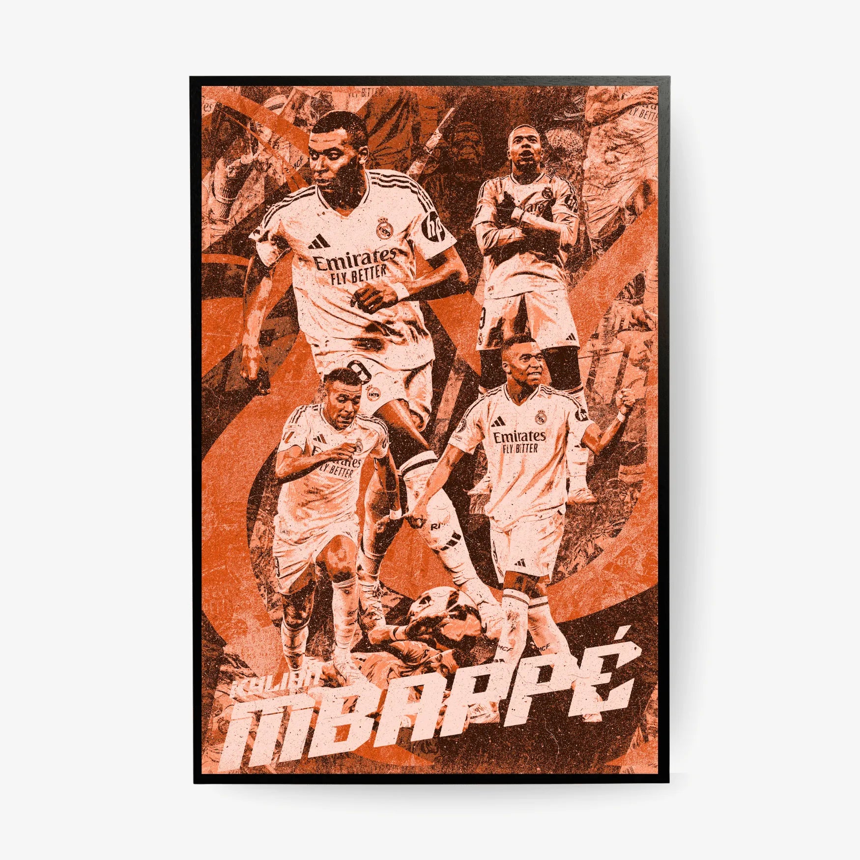 Kylian Mbappé Real Madrid football poster in orange retro style with multiple action poses.