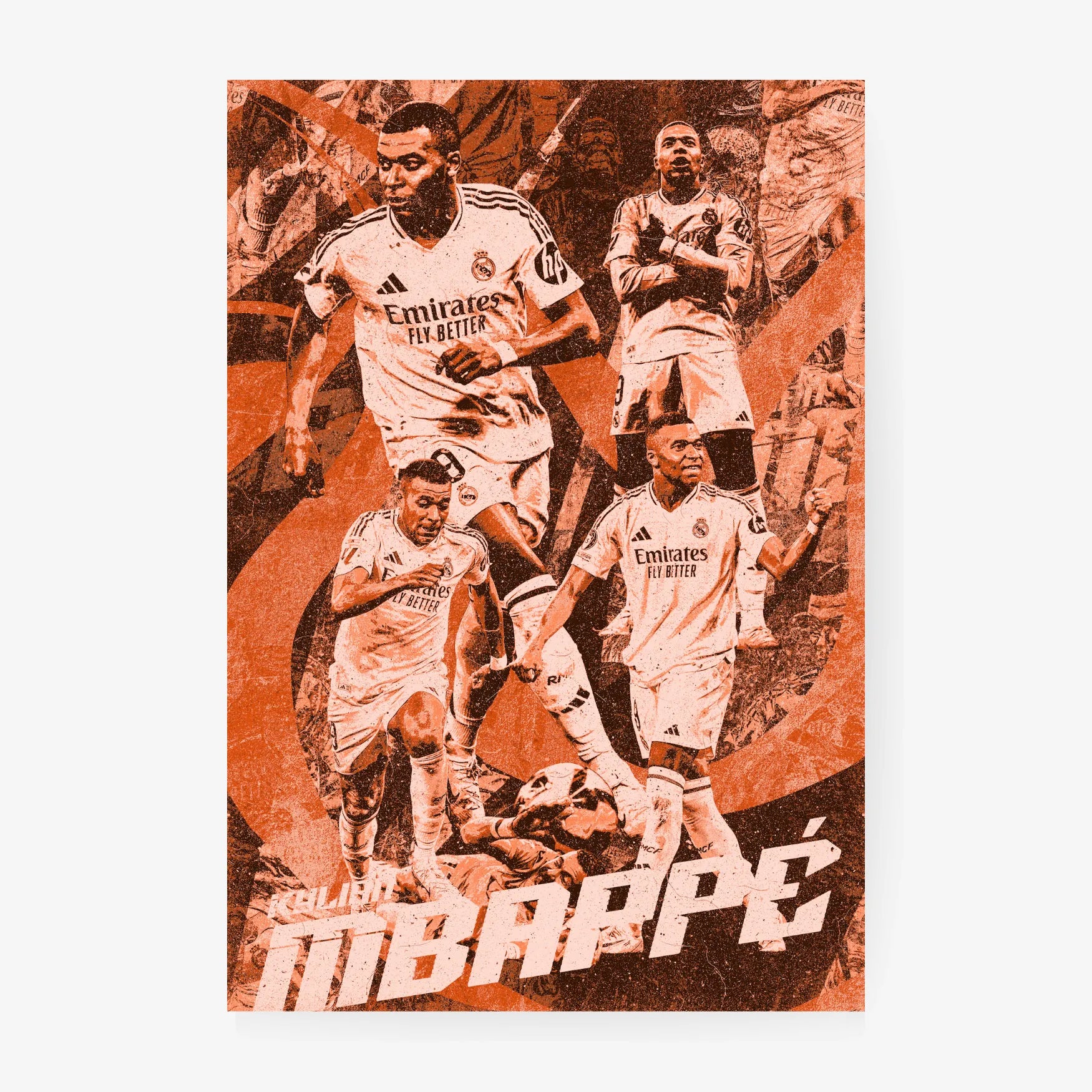Wall art of Kylian Mbappé in Real Madrid kit with bold orange graphic background.