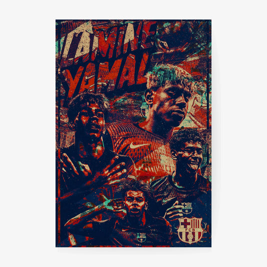 Dynamic Lamine Yamal FC Barcelona wall art print with textured red and beige tones