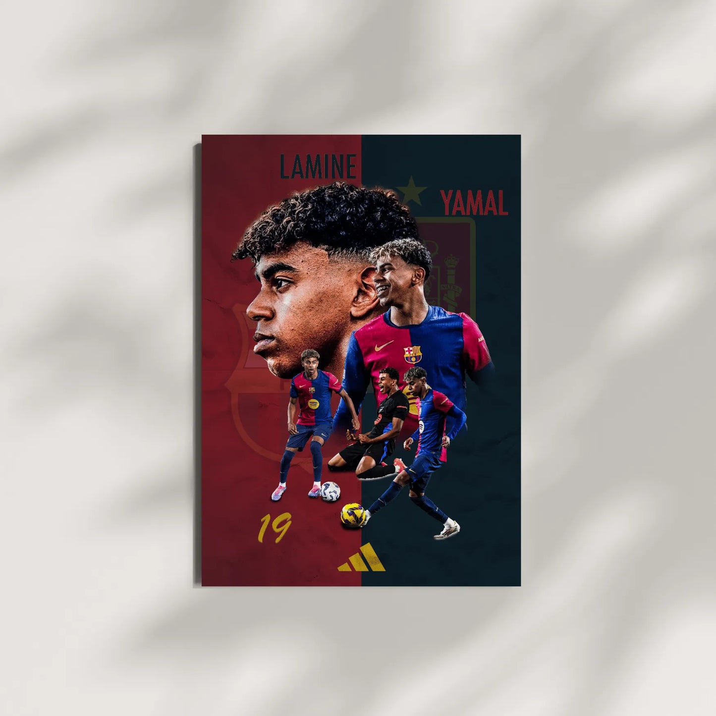 Lamine Yamal Barcelona FC poster mockup with soft shadow background