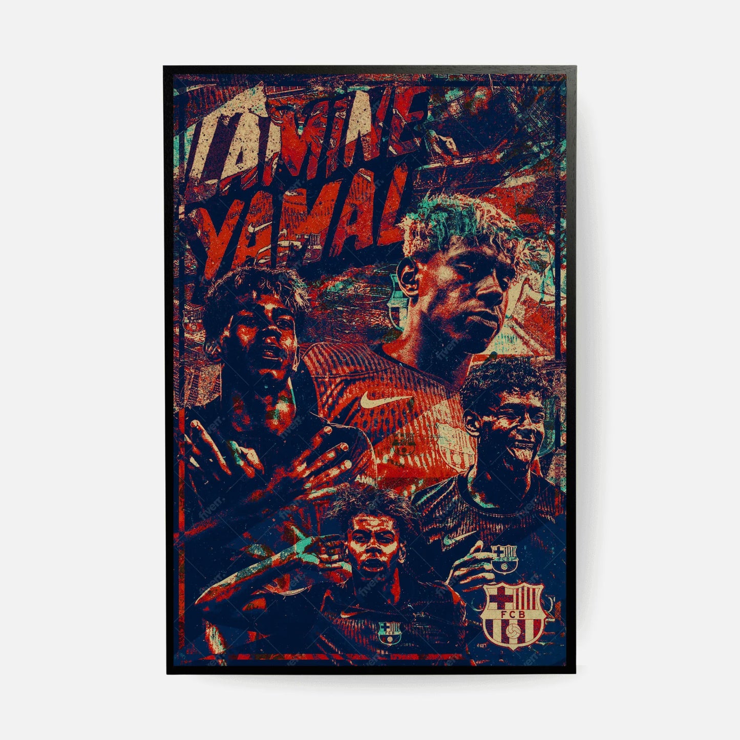 Artistic poster of Lamine Yamal in FC Barcelona kit, collage style with bold typography