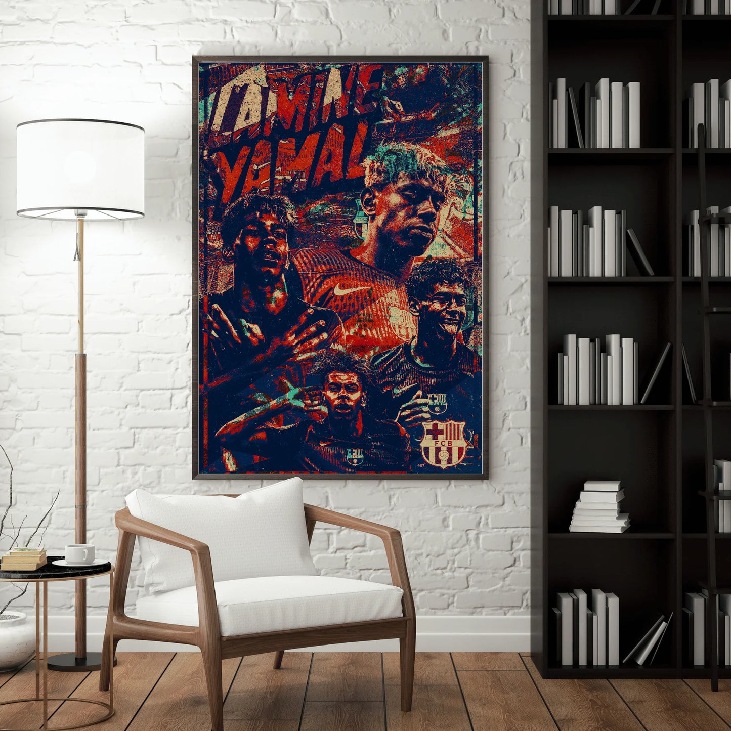 Large framed Lamine Yamal FC Barcelona poster hanging in modern living room interior