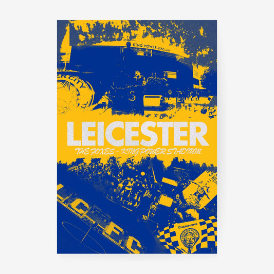 Leicester City poster featuring King Power Stadium and blue and yellow artwork