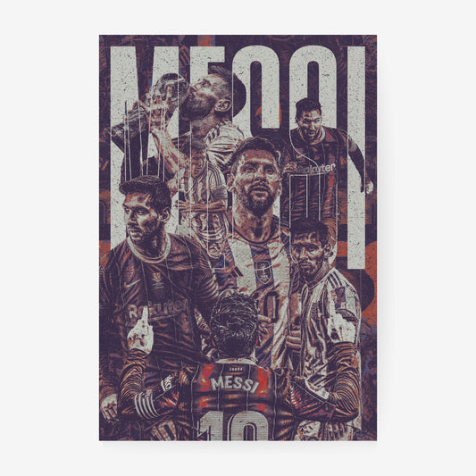 Lionel Messi football poster featuring iconic moments from his Barcelona and Argentina career in a vintage distressed collage design