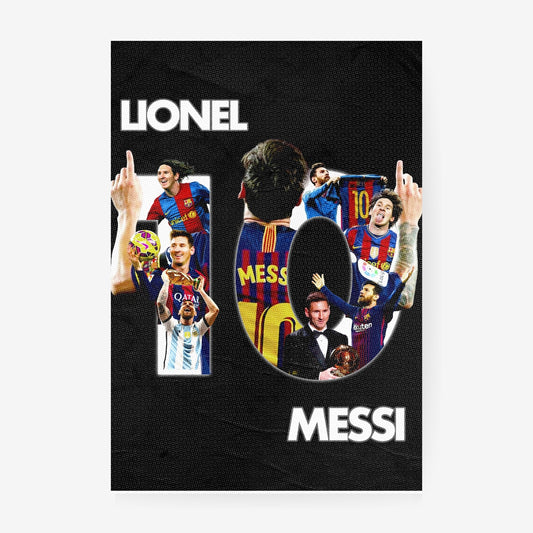 Lionel Messi poster featuring a collage of iconic Barcelona and Argentina football moments