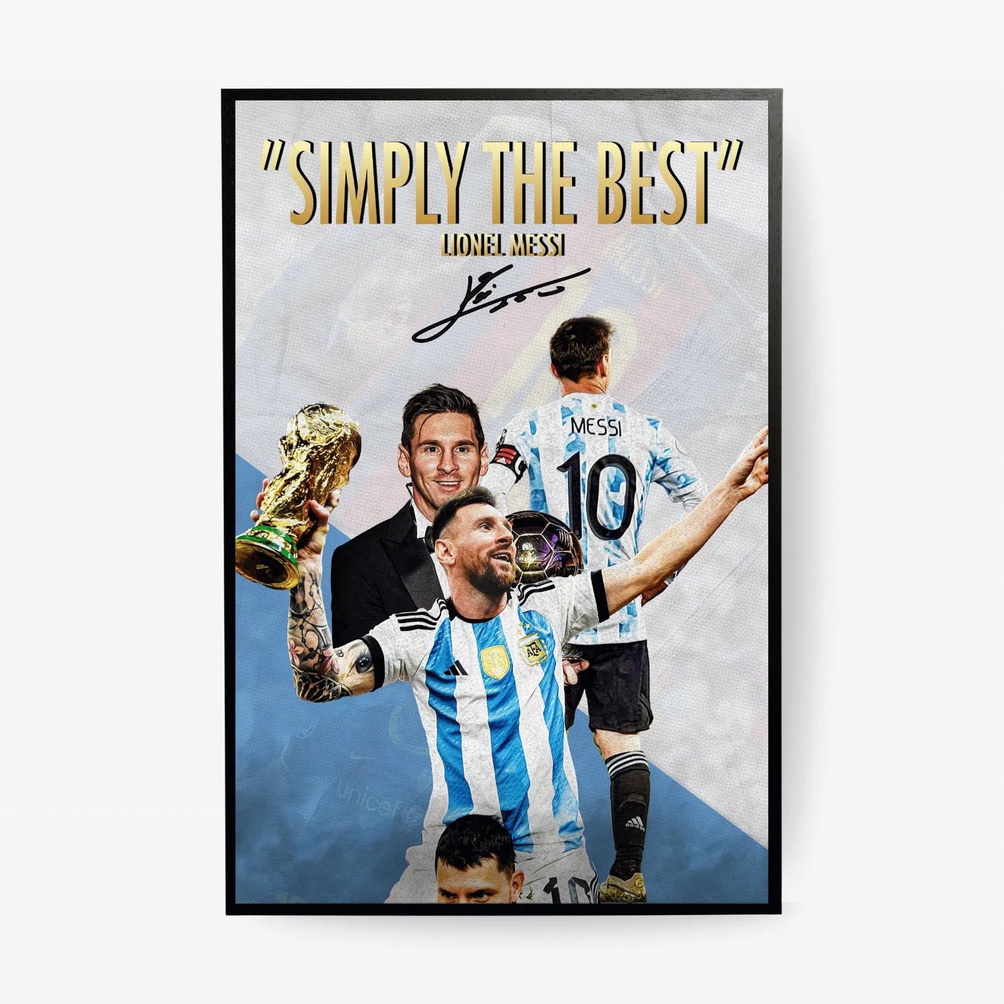 Lionel Messi poster mockup featuring "Simply the Best" design with Argentina jersey and World Cup trophy