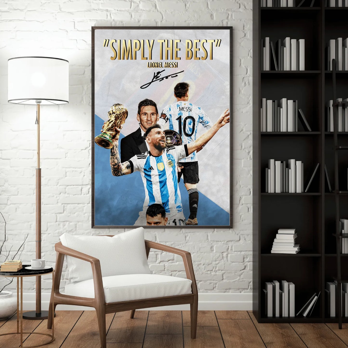 Framed Lionel Messi "Simply the Best" poster displayed in modern living room setting