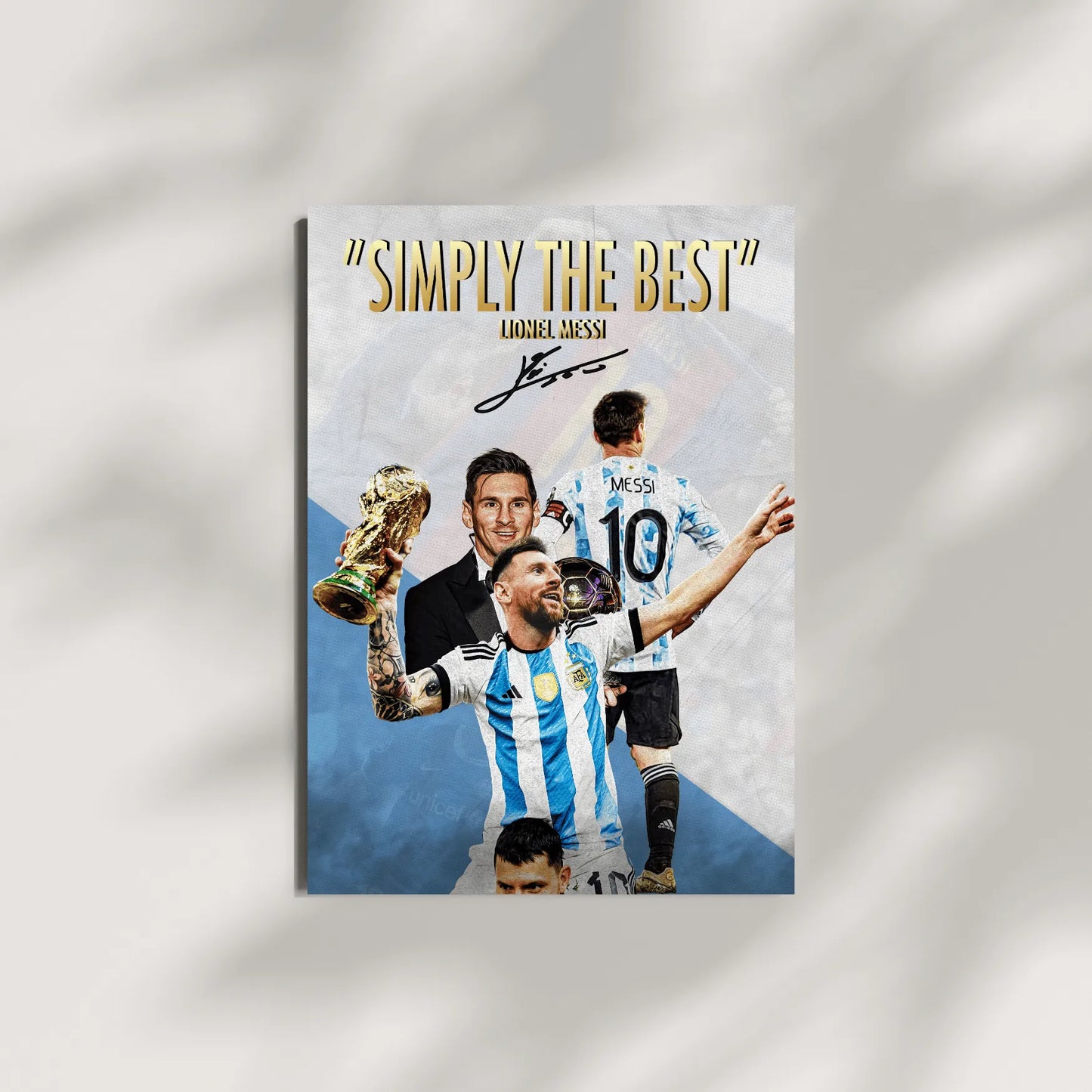 Lionel Messi Argentina poster with shadow overlay and gold typography