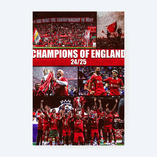 Liverpool FC 2024/25 season Champions of England poster with fans waving flags and players celebrating