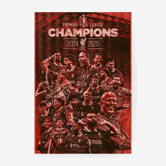 Liverpool Premier League Champions 2024-2025 poster featuring players lifting the trophy.