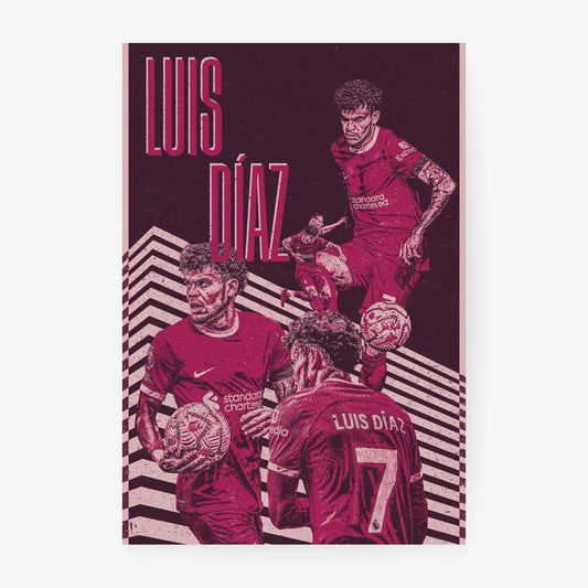 Luis Díaz Liverpool poster featuring multiple football moments in a pink and burgundy collage