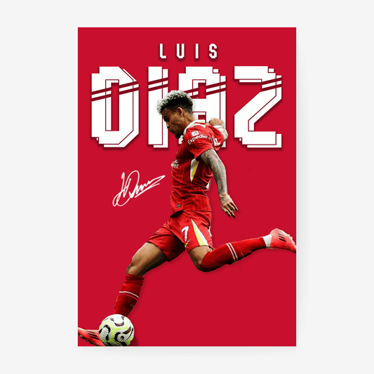 Soccer player in red uniform with 'Luis Diaz' and signature on a red background