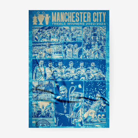 Manchester City Treble Winners 2022/23 football poster celebrating the historic treble