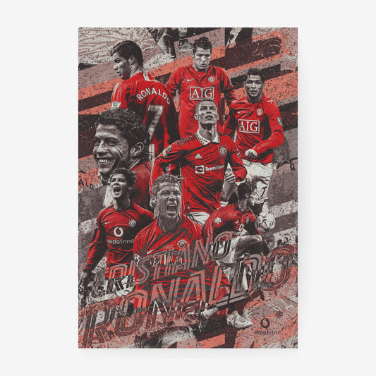 Minimalist Ronaldo Manchester United wall art design with a red and black theme.