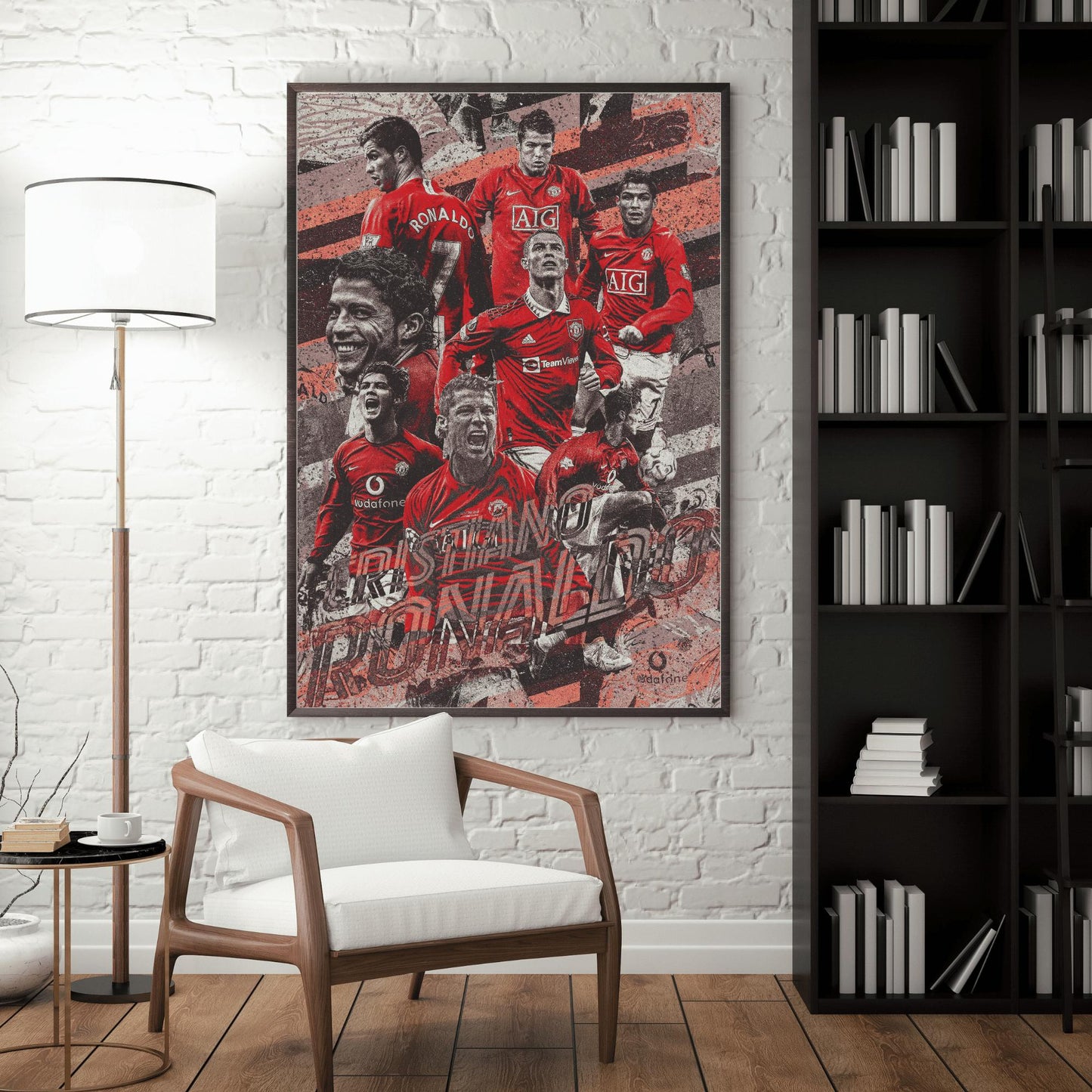 Large framed Cristiano Ronaldo Manchester United wall artwork displayed in a modern living room.